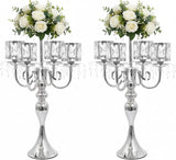 Silver Candelabra Centerpieces for Tables - 5 Arm Crystal Pendant Candle Holders, Elegant Metal Table Centerpieces