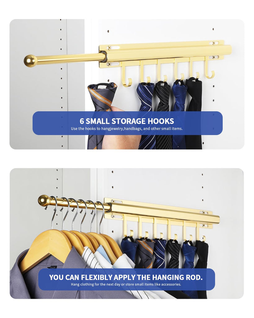 Valet Rod for Closets Pull Out 16.5" Gold with 6 Hooks (2Pack)