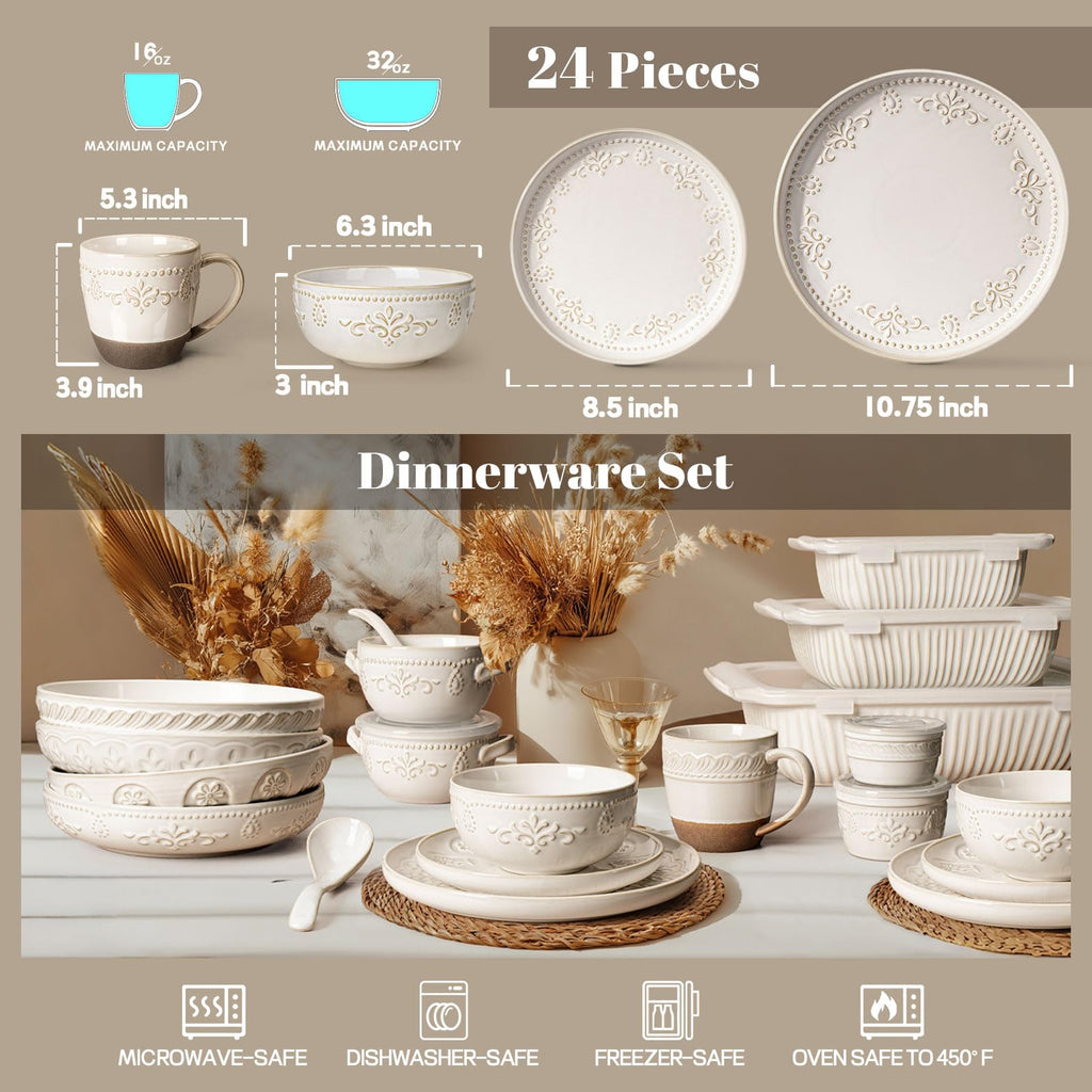 Plates And Bowls Sets, 24 Pieces Dinnerware Sets, Dish Set For 6, Ceramic Kitchen Bowl And Plate Set, Embossed White