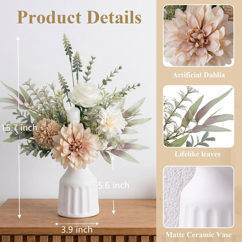 Fake Flowers in Vase, Artificial Flowers with Vase, 15.7'' Floral Arrangements for Dining Table Centerpiece Decor