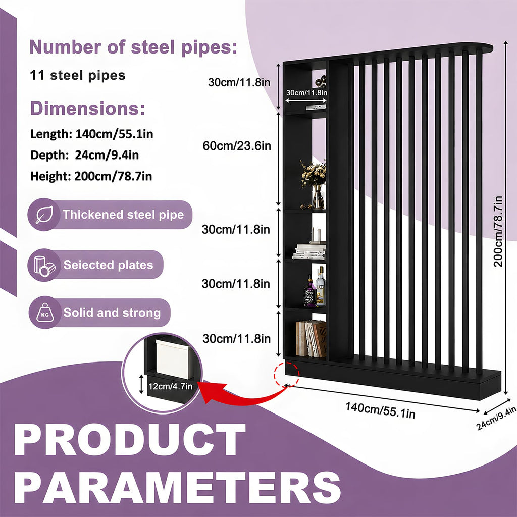 Freestanding Wall Room Divider with Shelves, Black, 55.1x9.4x78.7in
