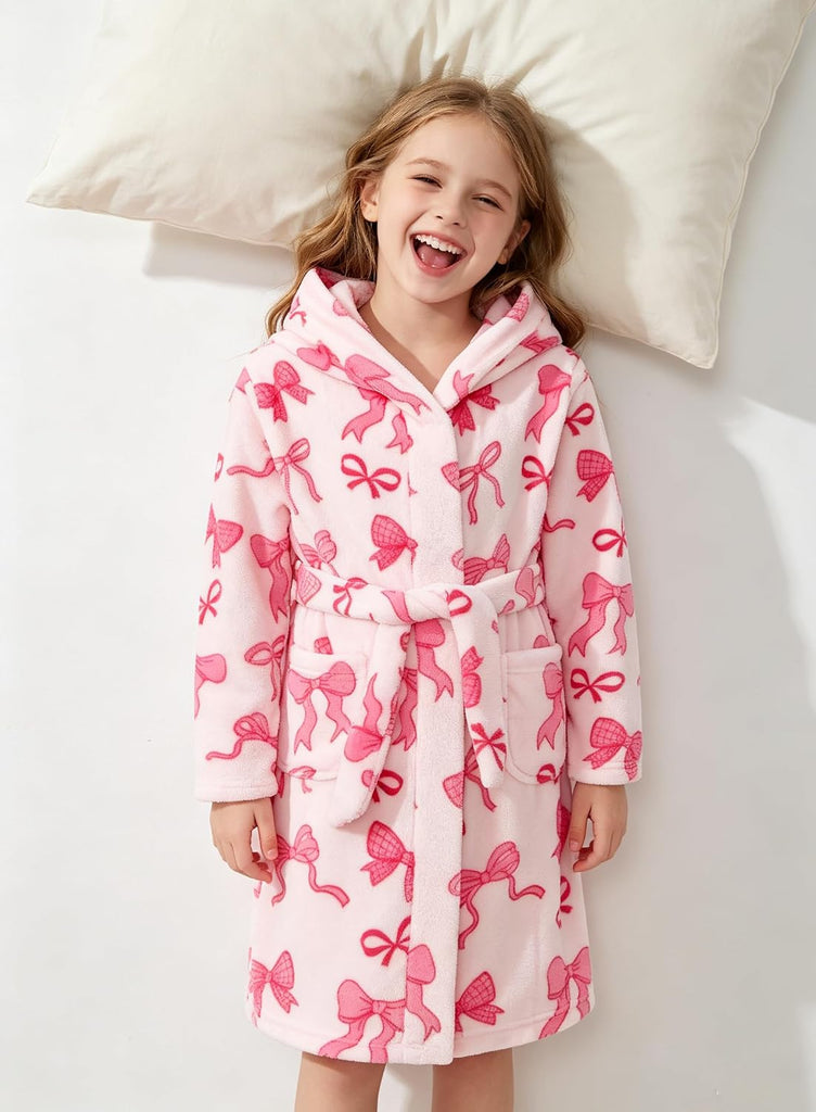 Girls Fleece Hooded Robes, Warm Printed Bath Robe for Kids Soft Fuzzy Bathrobe for Gifts