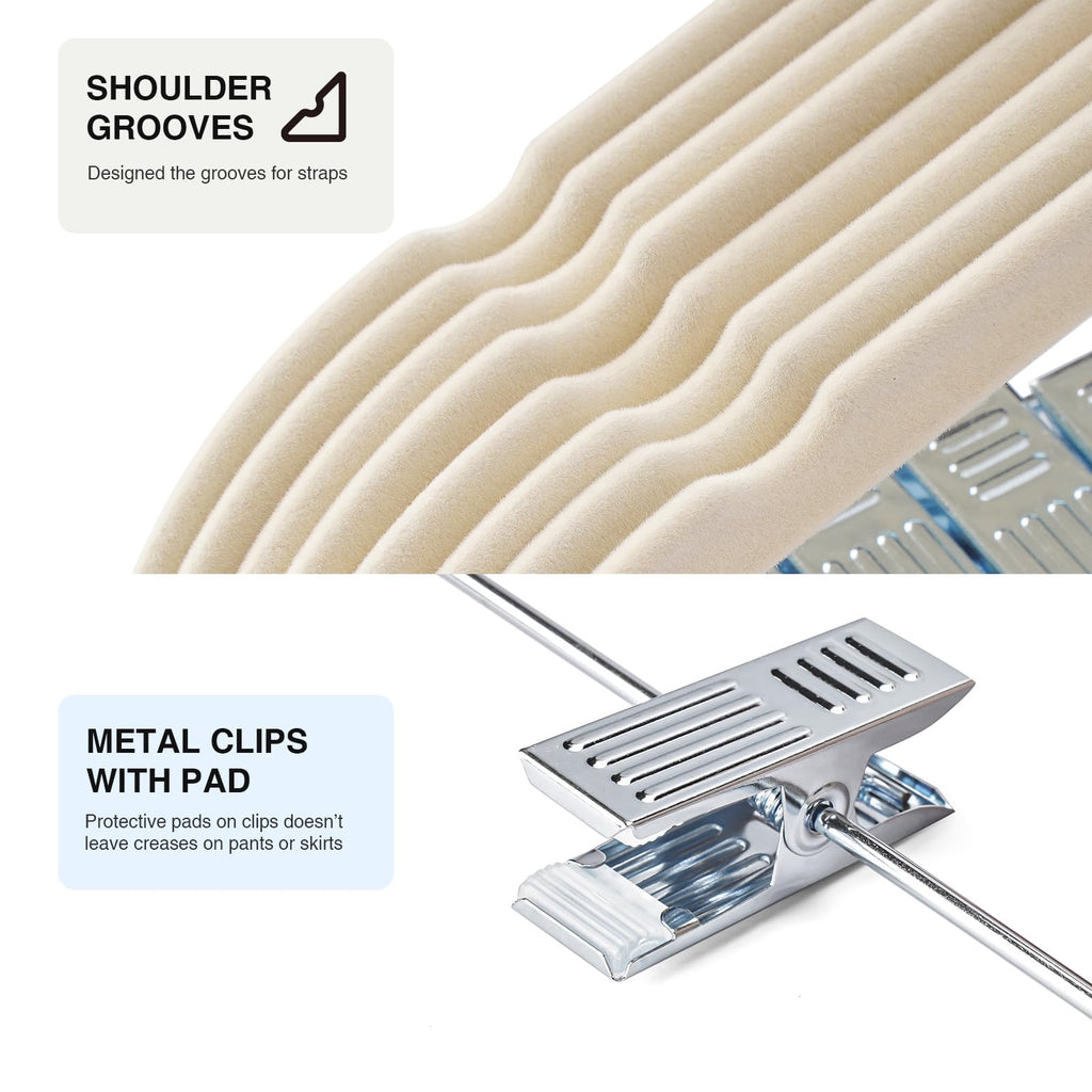36-Pack Beige Velvet Hangers with Clips Adjustable, Adult Hangers, Heavy-Duty, Felt, Non-Slip, Space Saving, Slim Outfit