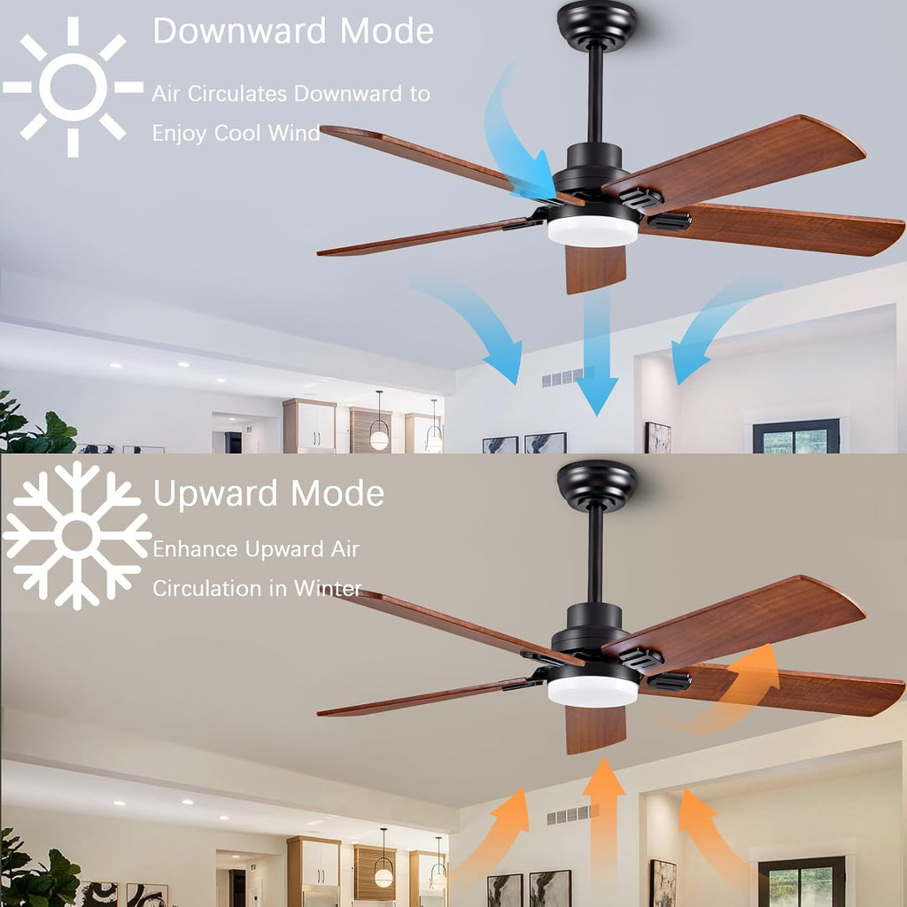 52" Lighted Ceiling Fan, Solid Wood Ceiling Fan, with Remote Control and DC Motor, 5 Blades, Suitable s, Bedrooms