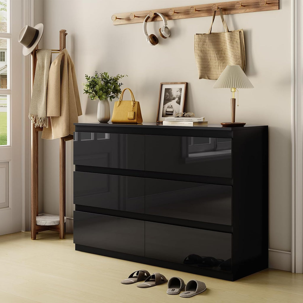 6 Drawer Dresser , 47" Wide Black Wood Chest for Storage | Multi-Functional Storage Organizer, Modern High Gloss