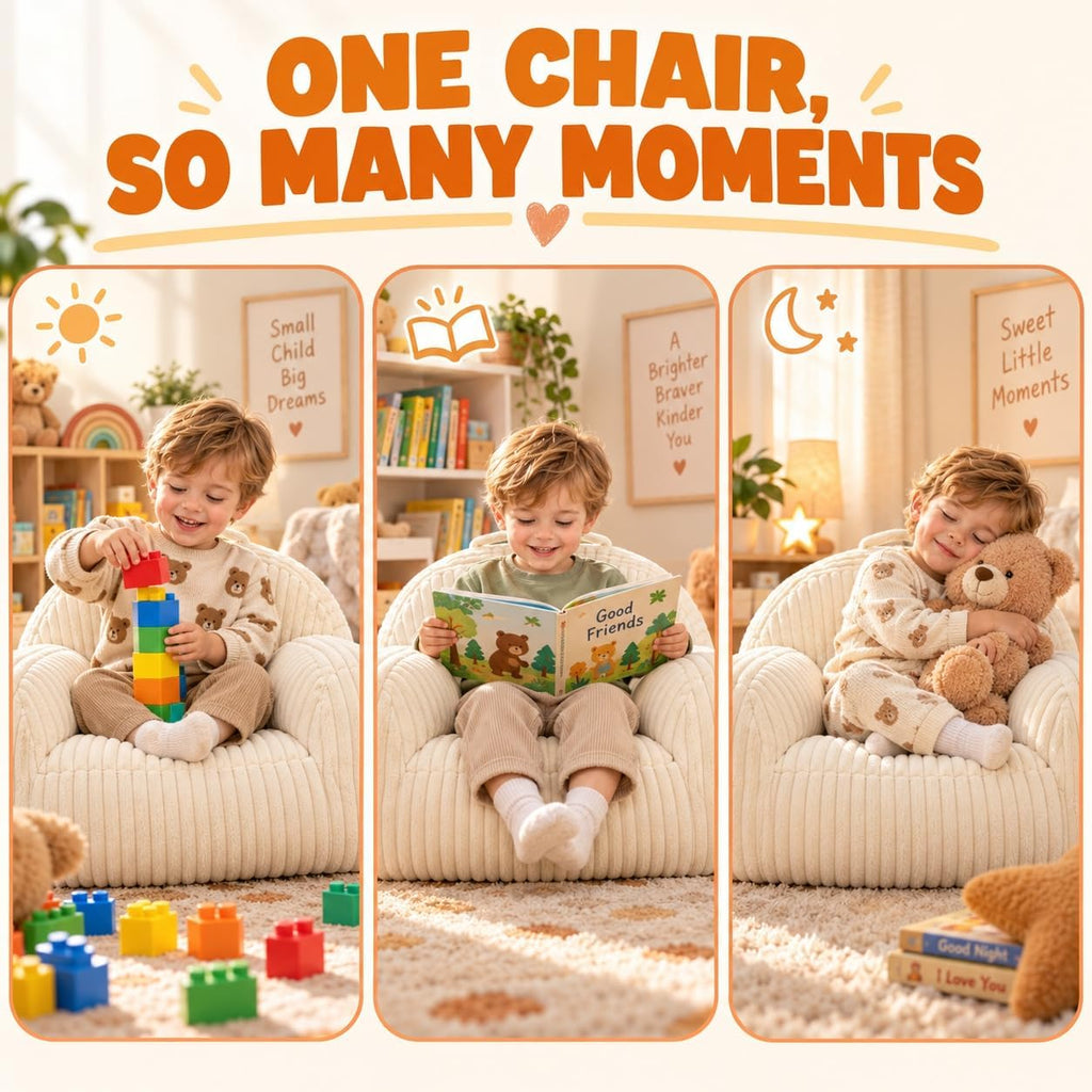 Kids Sofa Chair, Comfy Bean Bag Chair with Armrests, Ages 3 and Up, Beige