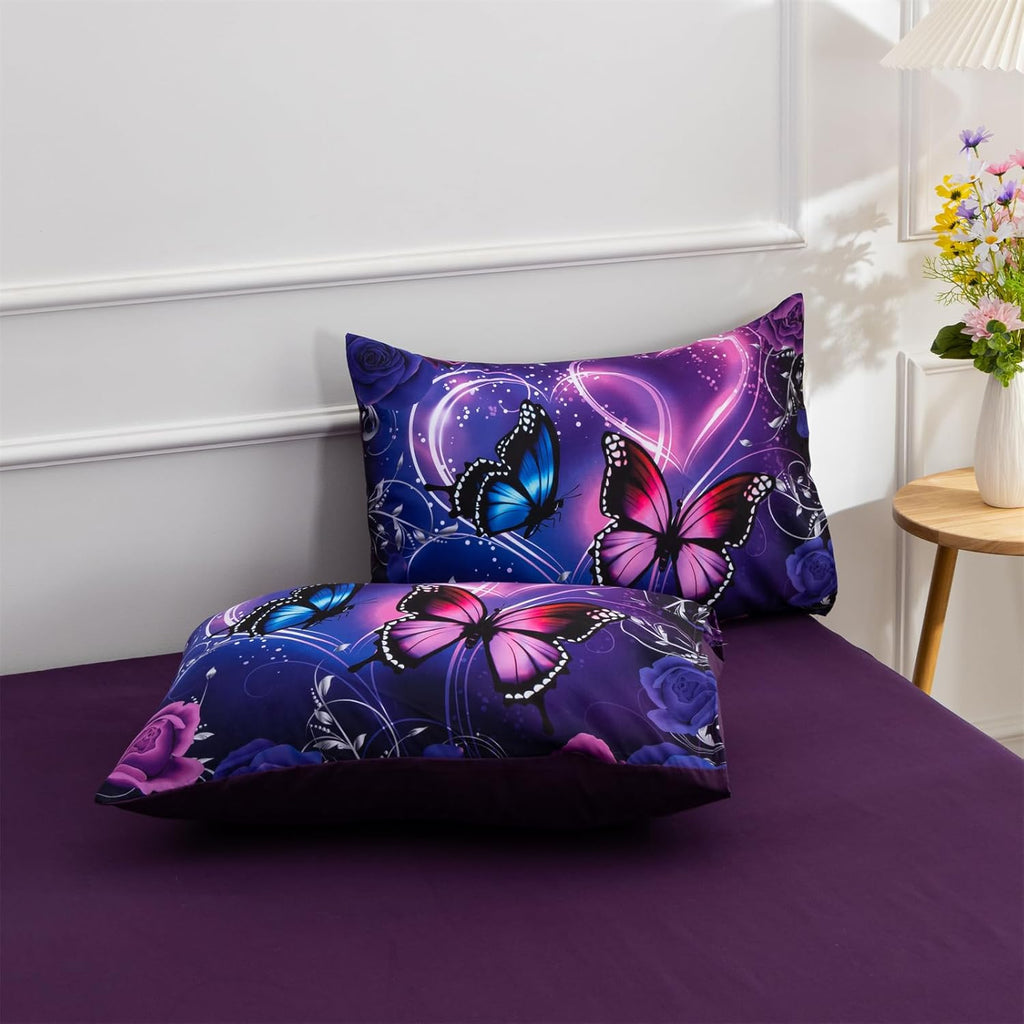 Galaxy 6pcs Bed in A Bag and Blue Dreamy 3D Butterfly Printed, Butterflies Bedding Twin Comforter Set, for Girls Kids