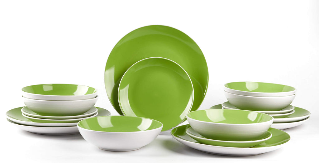 Stoneware Coupe Shape Dinnerware Set, Outside White + Inside Bamboo Color