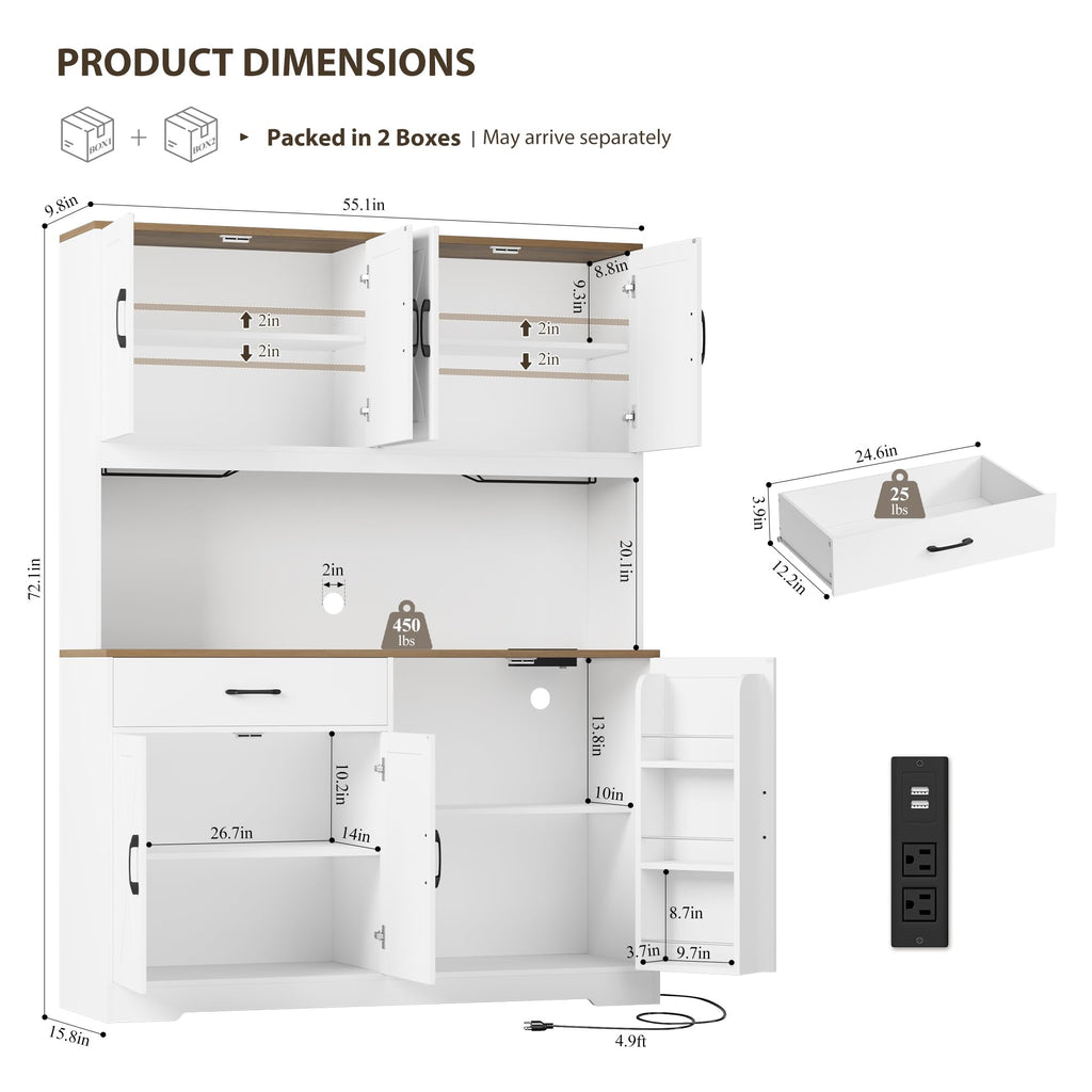 55" W Kitchen Pantry Storage Cabinet, 72" Tall Hutch Cabinet, White