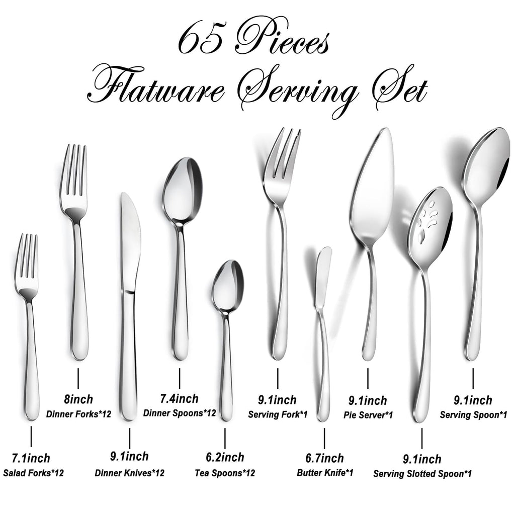 65-Piece Silverware Set with Serving Utensils - Mirror Polished Stainless Steel Flatware Set for 12, Elegant Dining
