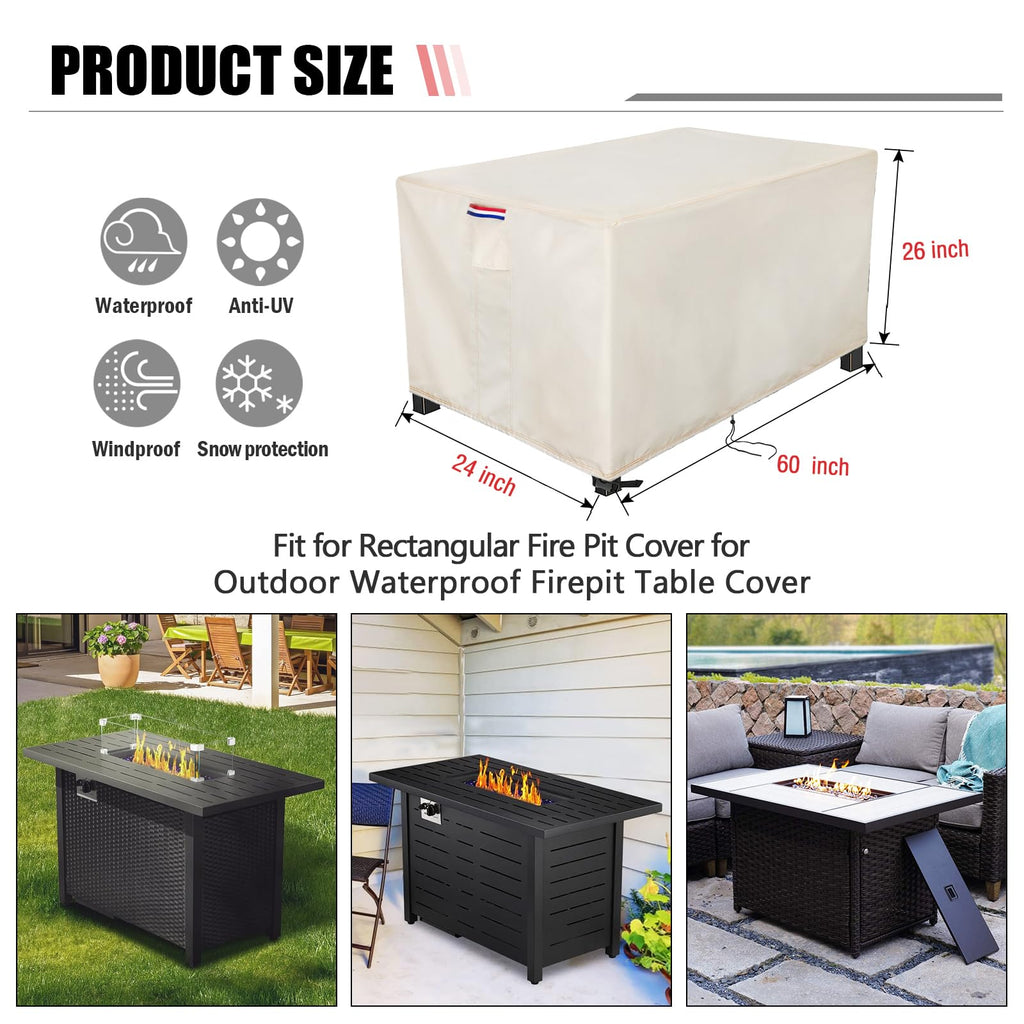 Fire Pit Cover Rectangular Waterproof 600D, 60 x 24 x 26 Inch Beige