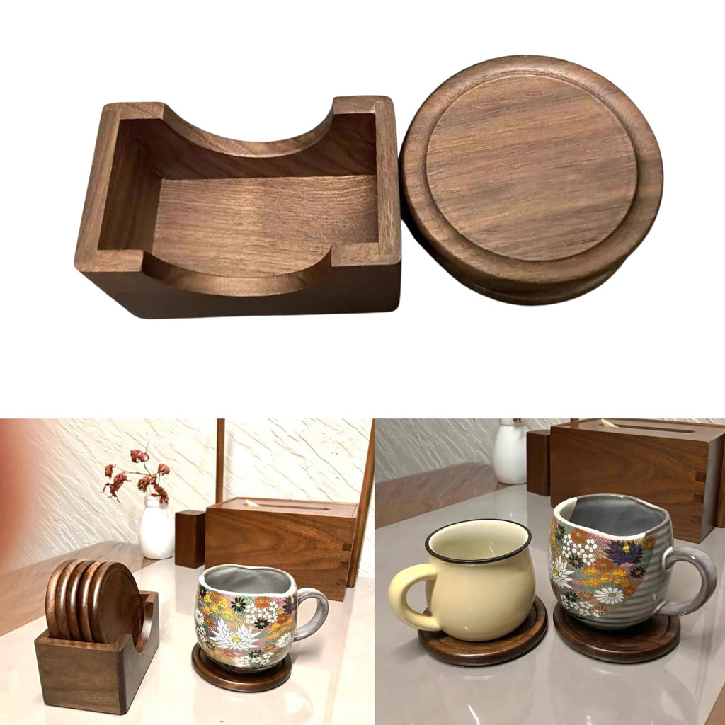 Coasters for Drinks Coffee Table Walnut Drink Coasters Set 6PCS Wood Cup Coasters 3.5 Inch Non-Slip Round Wooden