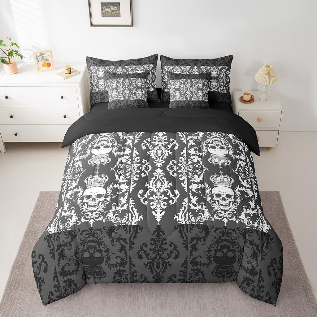 Gothic Skull Bed in a Bag King Size Comforter Set 7 Pieces, Grey White Damask Bohemian Vintage Flowers Bedding