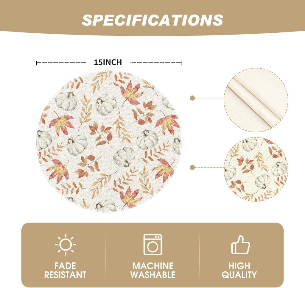 Pumpkins Maple Leaf Round Fall Placemats-14 Inch - Set of 6