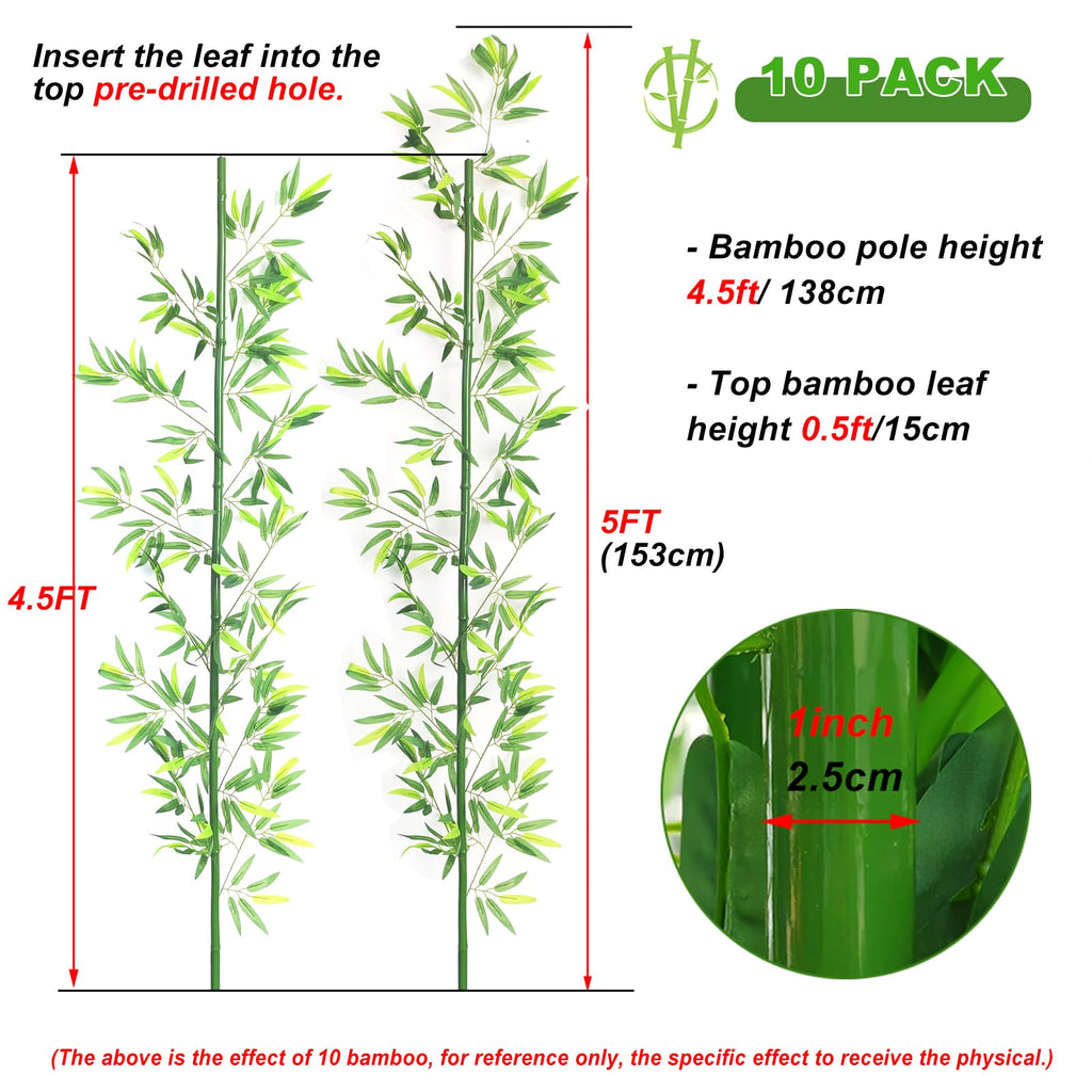 4/5/6/7ft Artificial Bamboo Tree 10 Pack, Fake Bamboo Plant with Encrypted Silk Leaves for Garden Yard Indoor Outdoor
