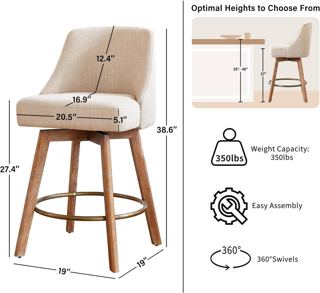 Counter Height Bar Stools,Sand-Colored Linen Comfort Fabric Bar Stool Set of 2,360° Swivel Counter Height Stools