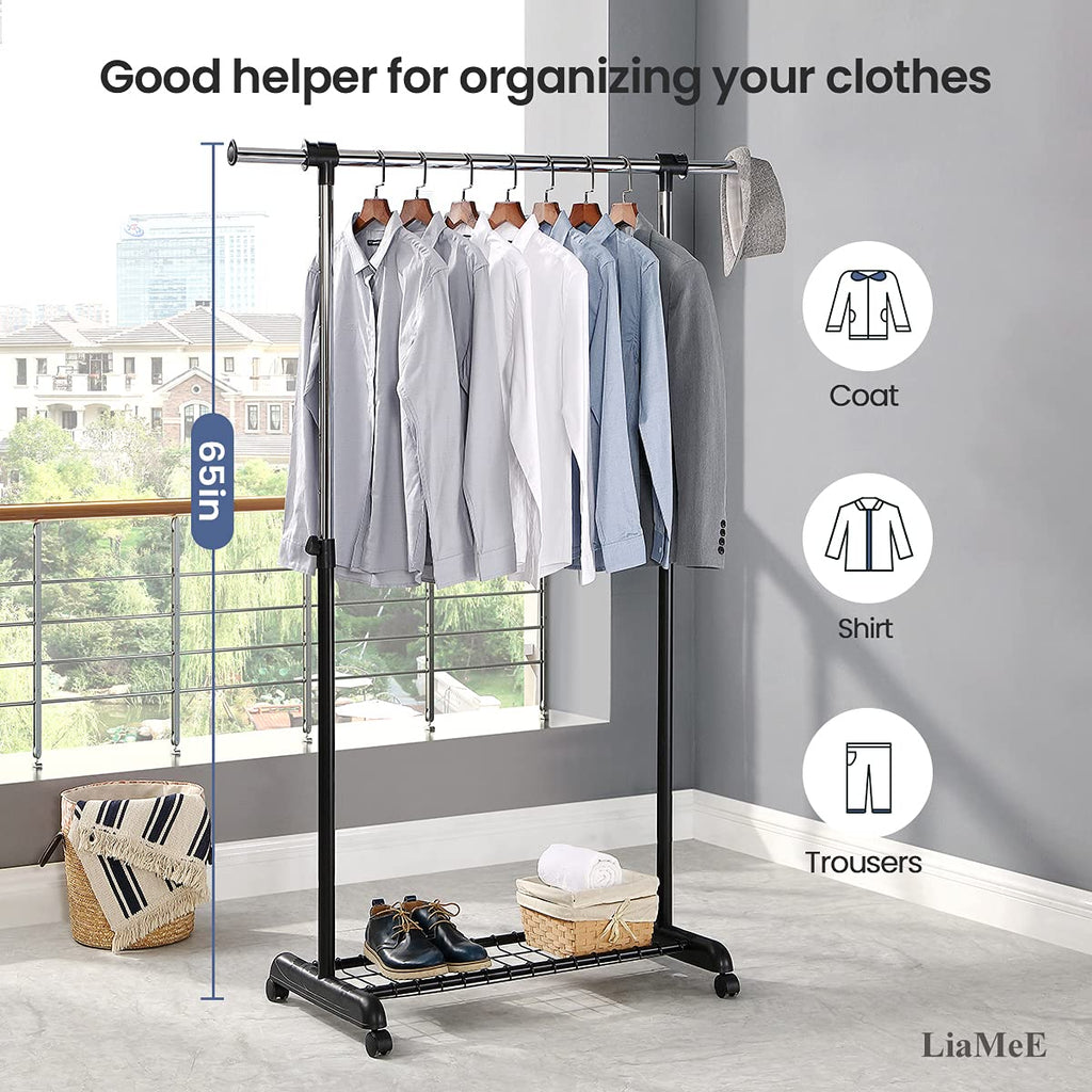 Adjustable Clothing Rack for Hanging Clothes, Heavy Duty Garment Rack with Wheels,Free Standing Rolling Clothes Rack