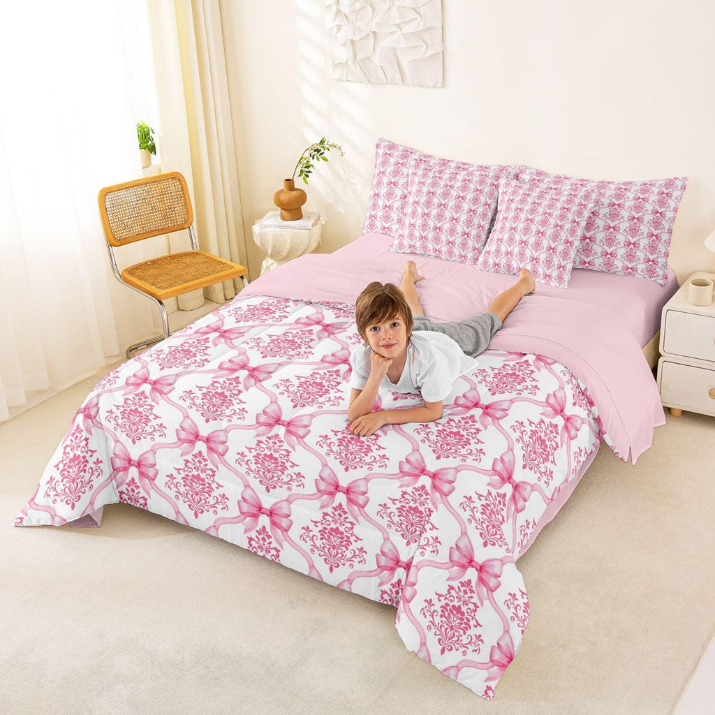 Pink Bow Decor Victorian Twin Comforter Set with Sheets | Antique Damask 7-Piece Bedding Set Gothic Baroque Floral