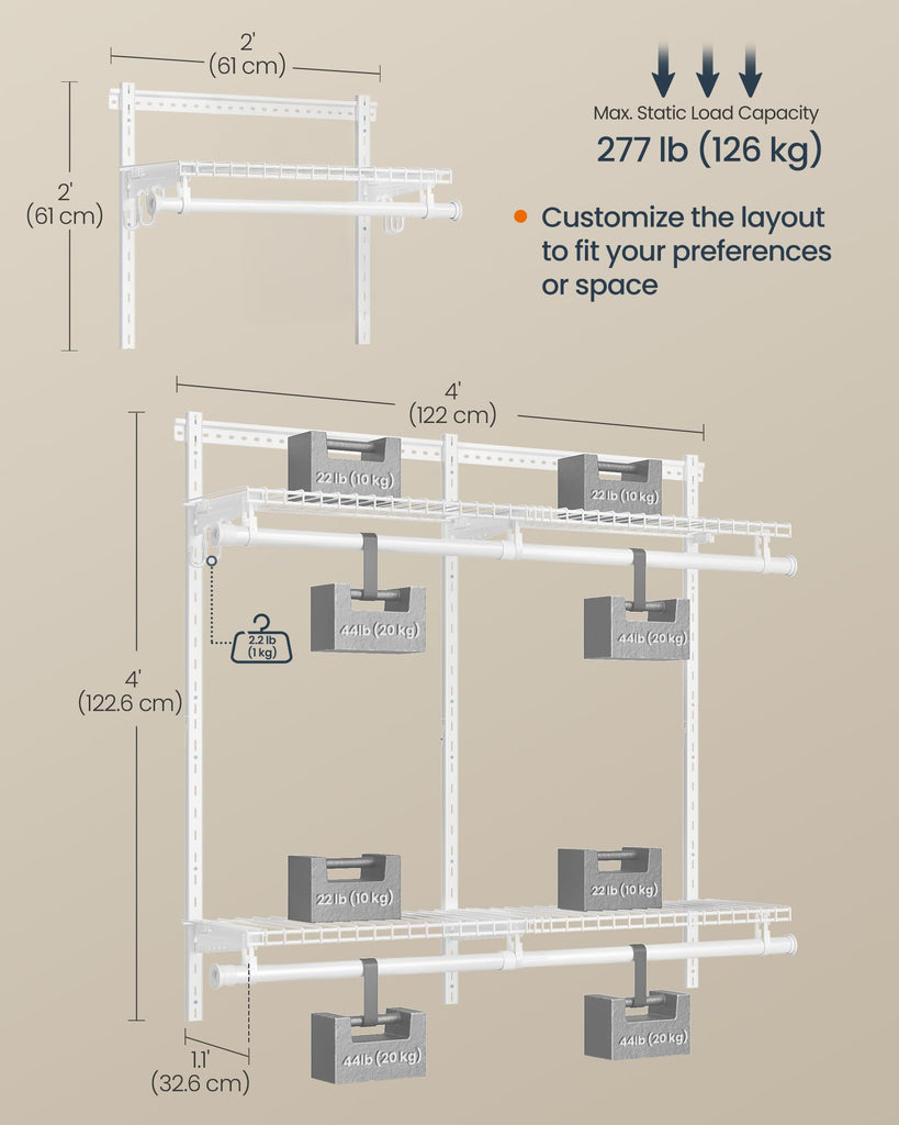 Closet System, Closet Insert Organizer, 3-6 ft Closet Shelves