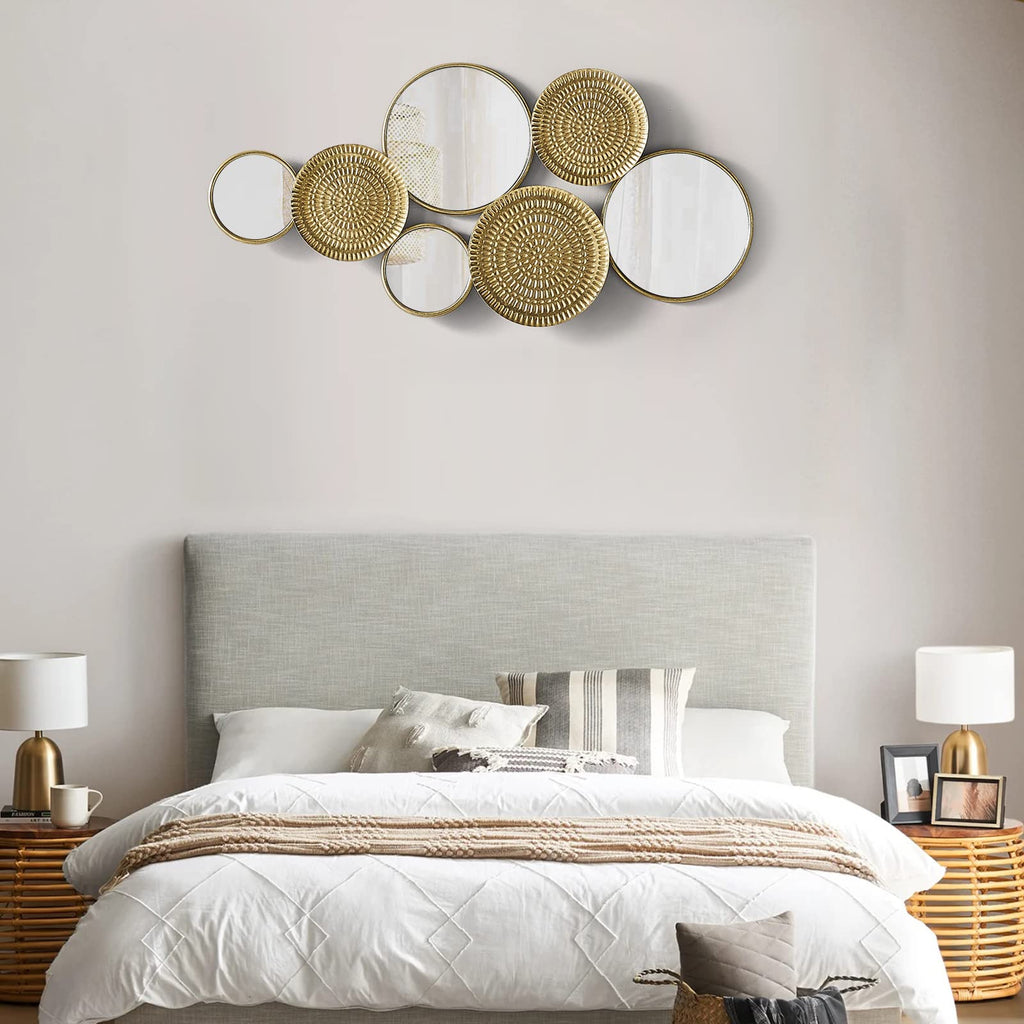 Decor Metal Wall Decor with Multi Circle Plates Mirror, Large Modern Wall Art Sculpture Decor, 43.3 X 1.9 X