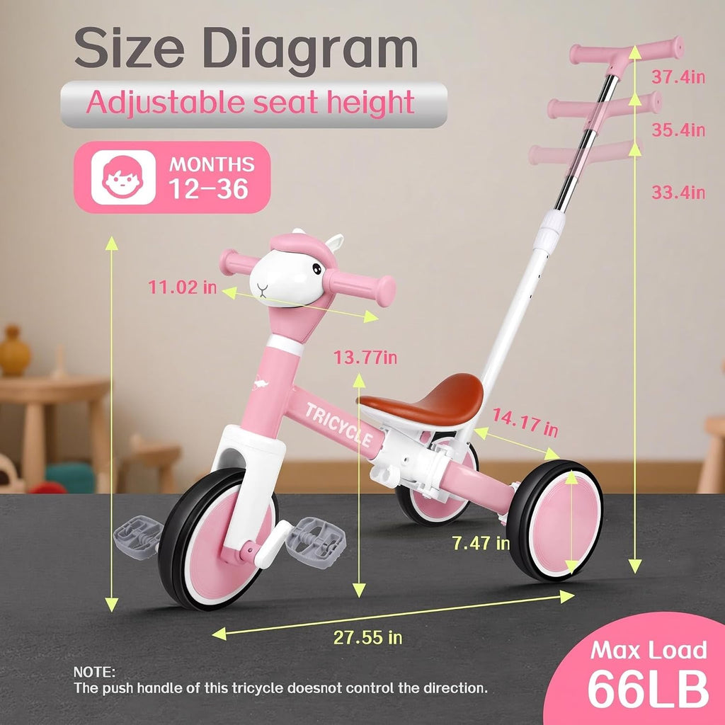 In-1 Kids Tricycle with Lights & Music, Adjustable Push Kids Bike for 1-5 Year Olds, Kids Balance Bike & Tricycle