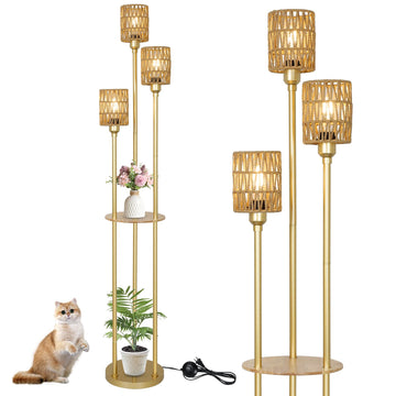 Boho Floor Lamp with Shelves, 3-Lights Farmhouse Tall Floor Lamp with ON/Off Foot Switch, Gold Modern Floor Lamps