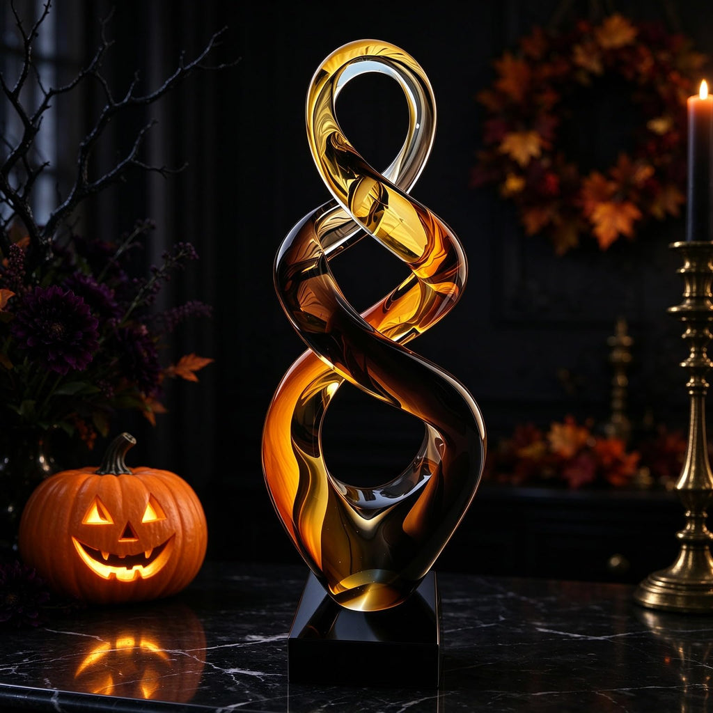 Hand Blown Murano Style Glass Sculpture - Abstract Twist Infinity Modern Home Decor, Amber & Smoky Glass Art - 13