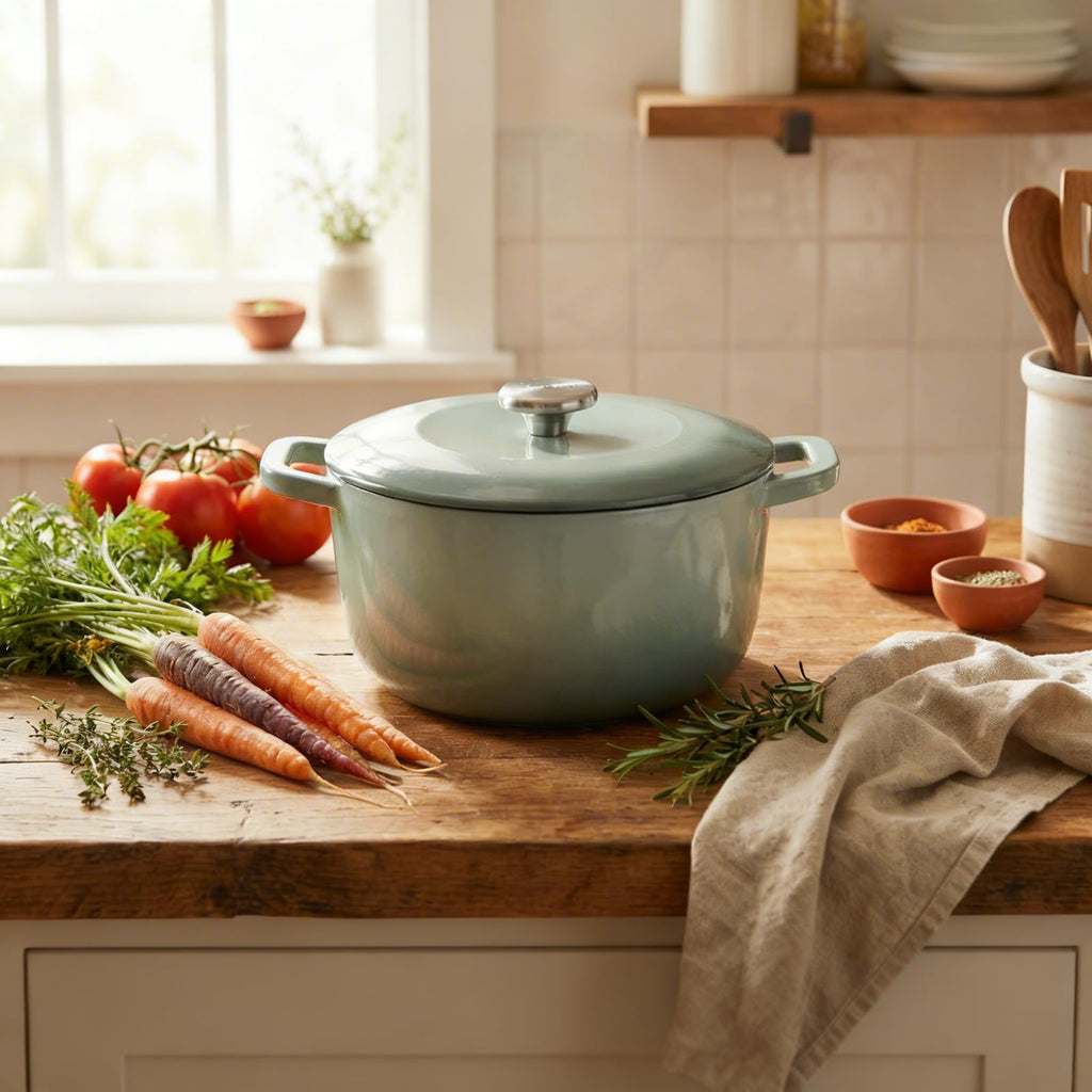 7QT Enameled Cast Iron Dutch Oven,Concave Self-Basting Lid,Green