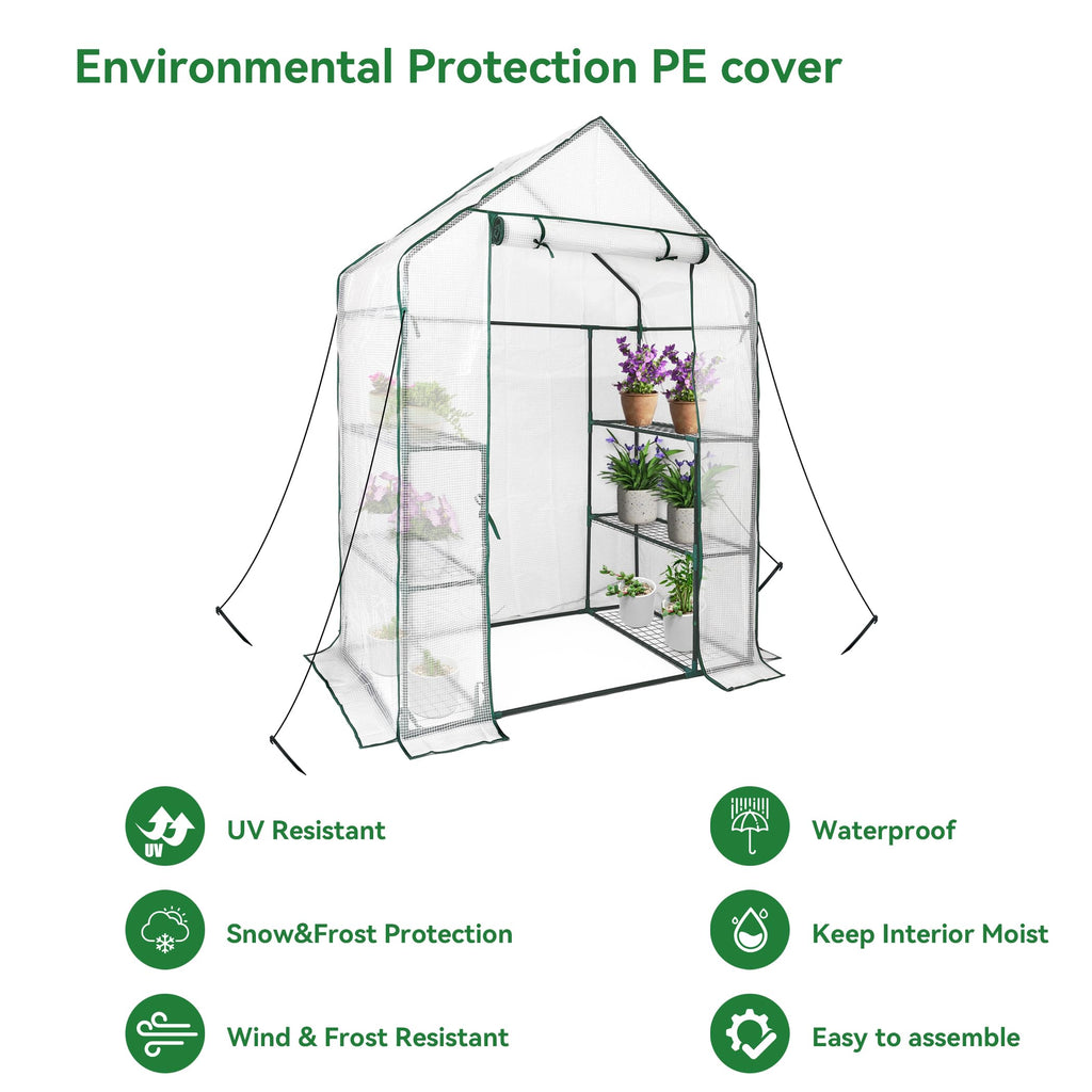 Walk in Greenhouse with 3 Tier 6 Shelves, 2 More Bottom Shelves Reinforced Plant House, Growhouse/Green House for