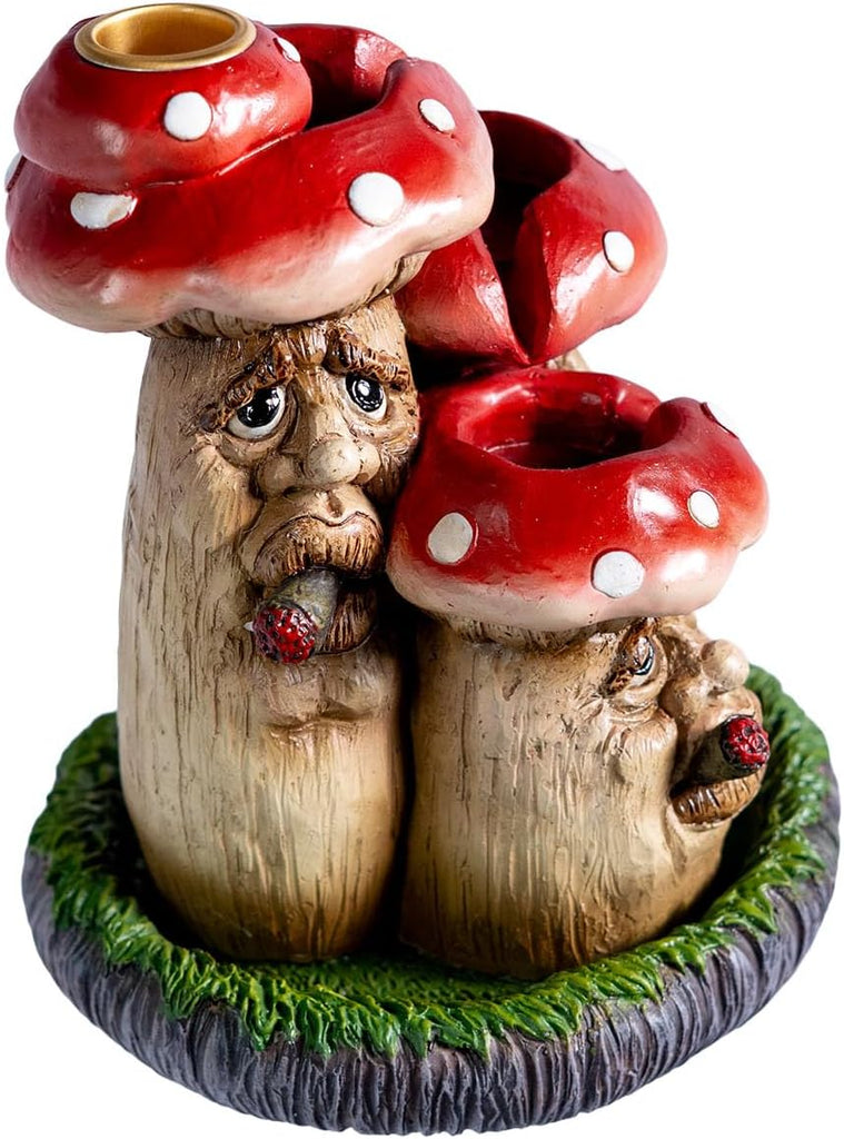 Whimsical Toadstool Mushroom Backflow Incense Burner with Faces, Red and White Polka Dot Design, Garden Gnome Style
