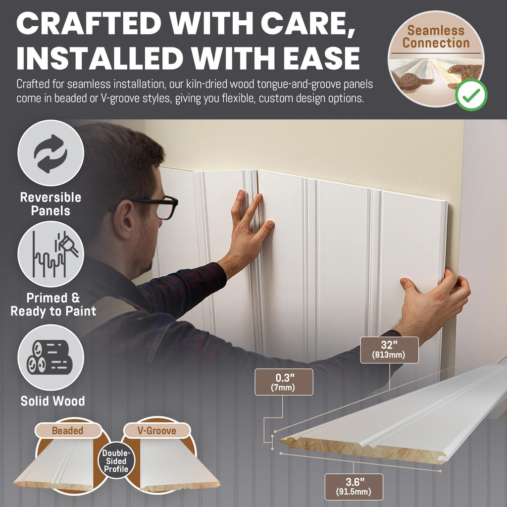 Primed Beadboard Wainscoting Panels - 32" Tongue & Groove Pine Planks