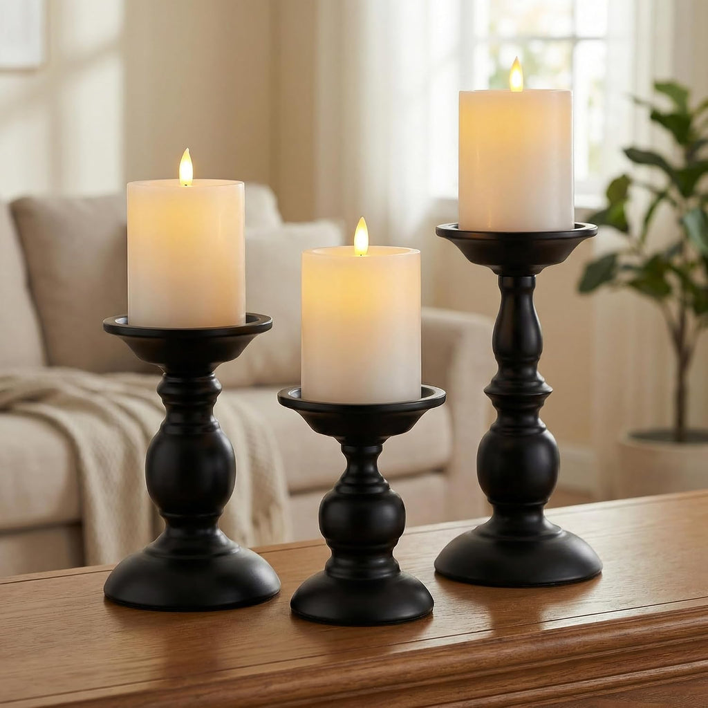 Black Pillar Candle Holders Set of 3, Vintage Candle Holder for Table Centerpiece & Fireplace Decor, Decorative