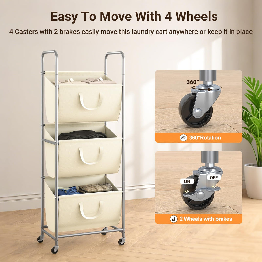 3-Tier Vertical Rolling Laundry Hamper with Wheels & Removable Bags