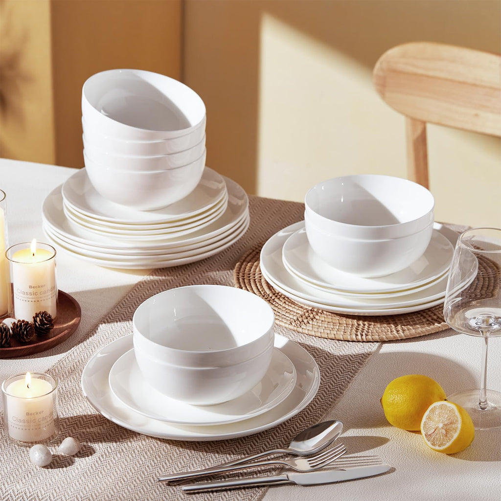 Bone China Dinnerware Set for 6, 18-Piece Plates and Bowls Set