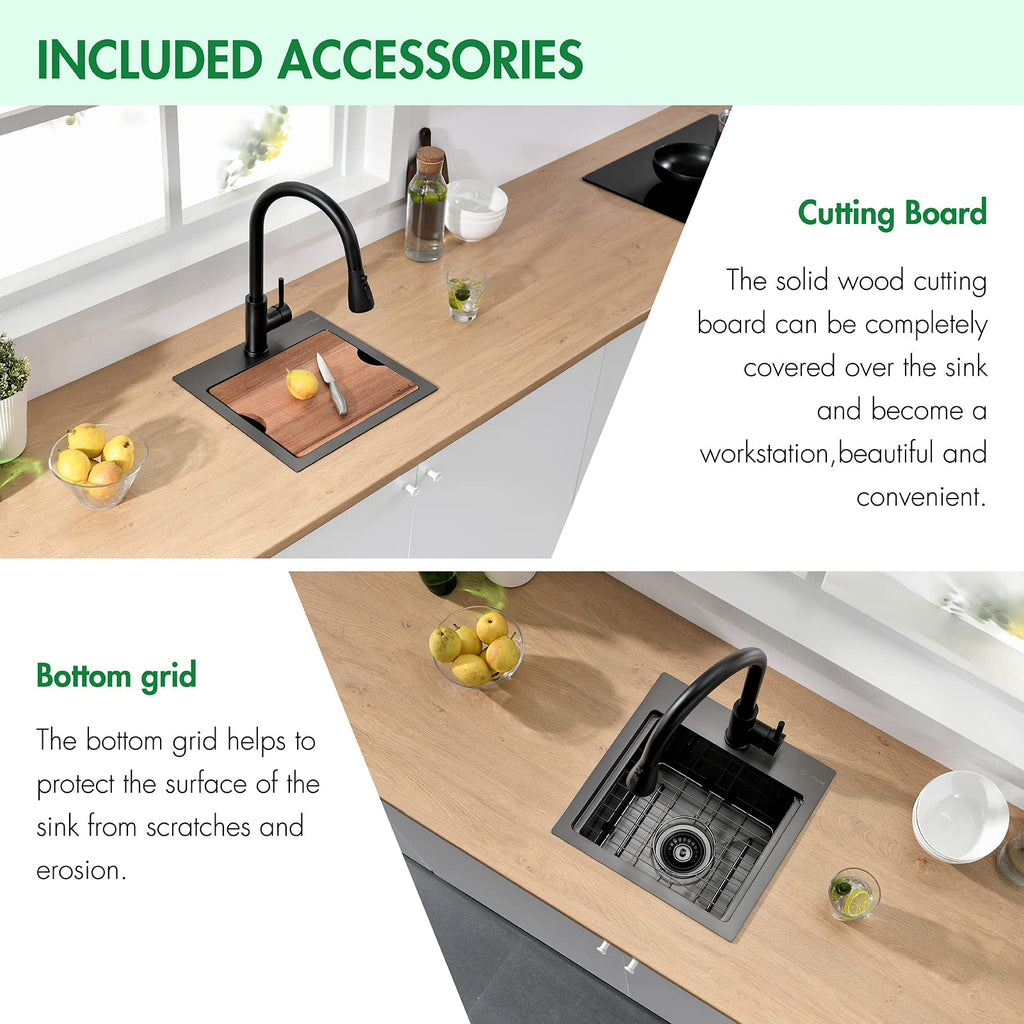 Kitchen Sink, 15 x 15 x 10 inch Kitchen Sinks Small Bar Prep Sink 16 Gauge Gunmetal Black Drop Sink Single Bowl
