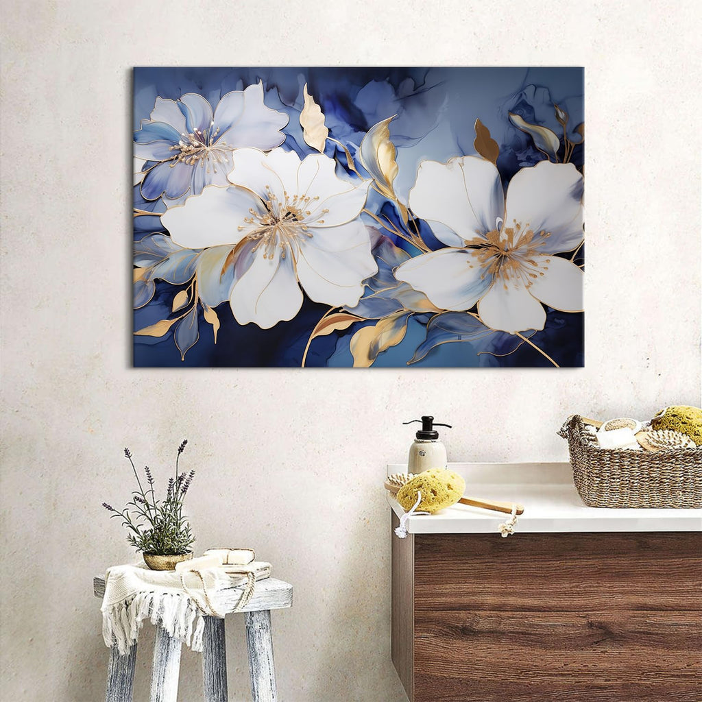 Abstract Flower Canvas Wall Art Blue and Gold Wall Decor Modern Marble Floral Picture Canvas Prints Bedroom