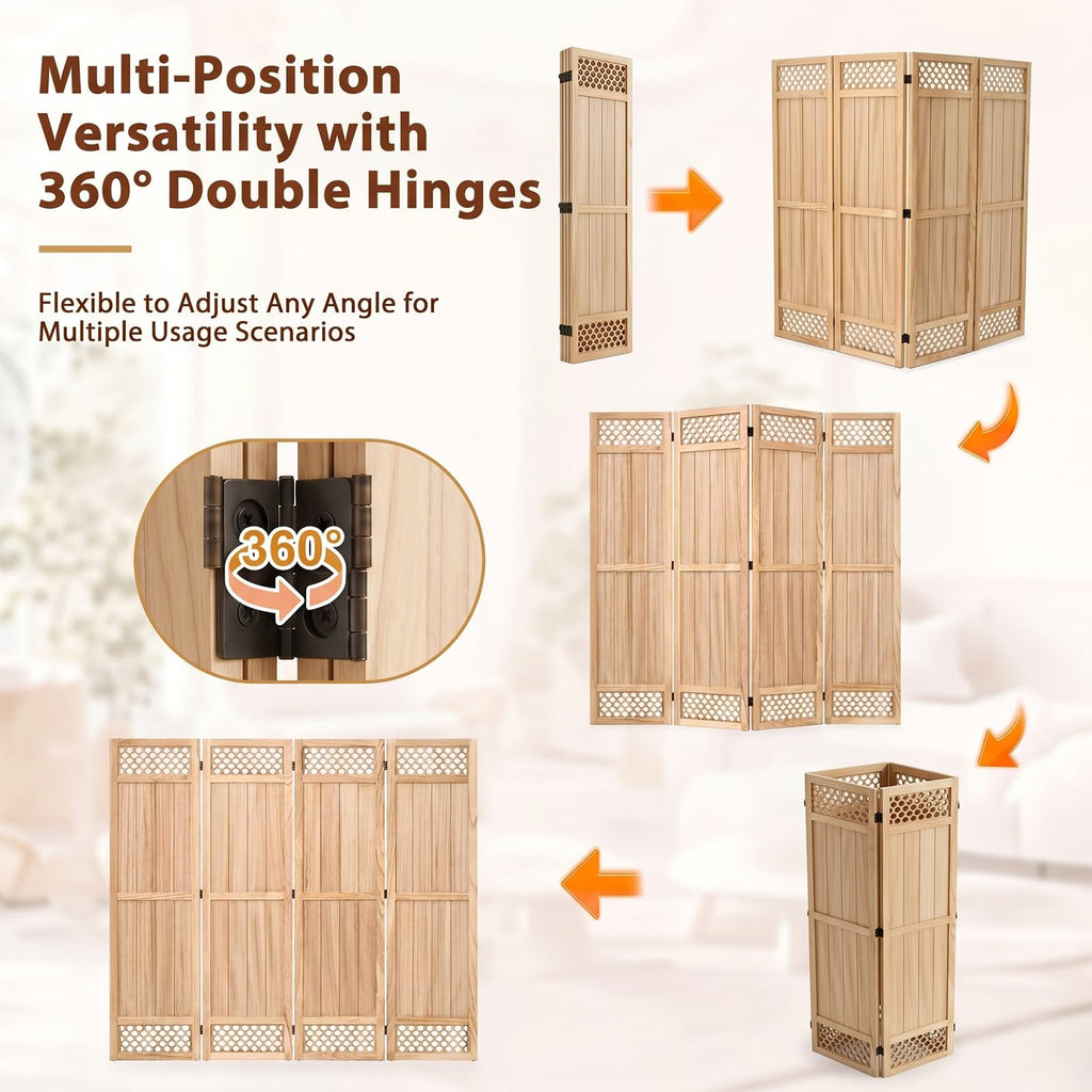 Wood Room Divider Privacy Screen, Natrual Carved Room Divider 4 Panel 67"