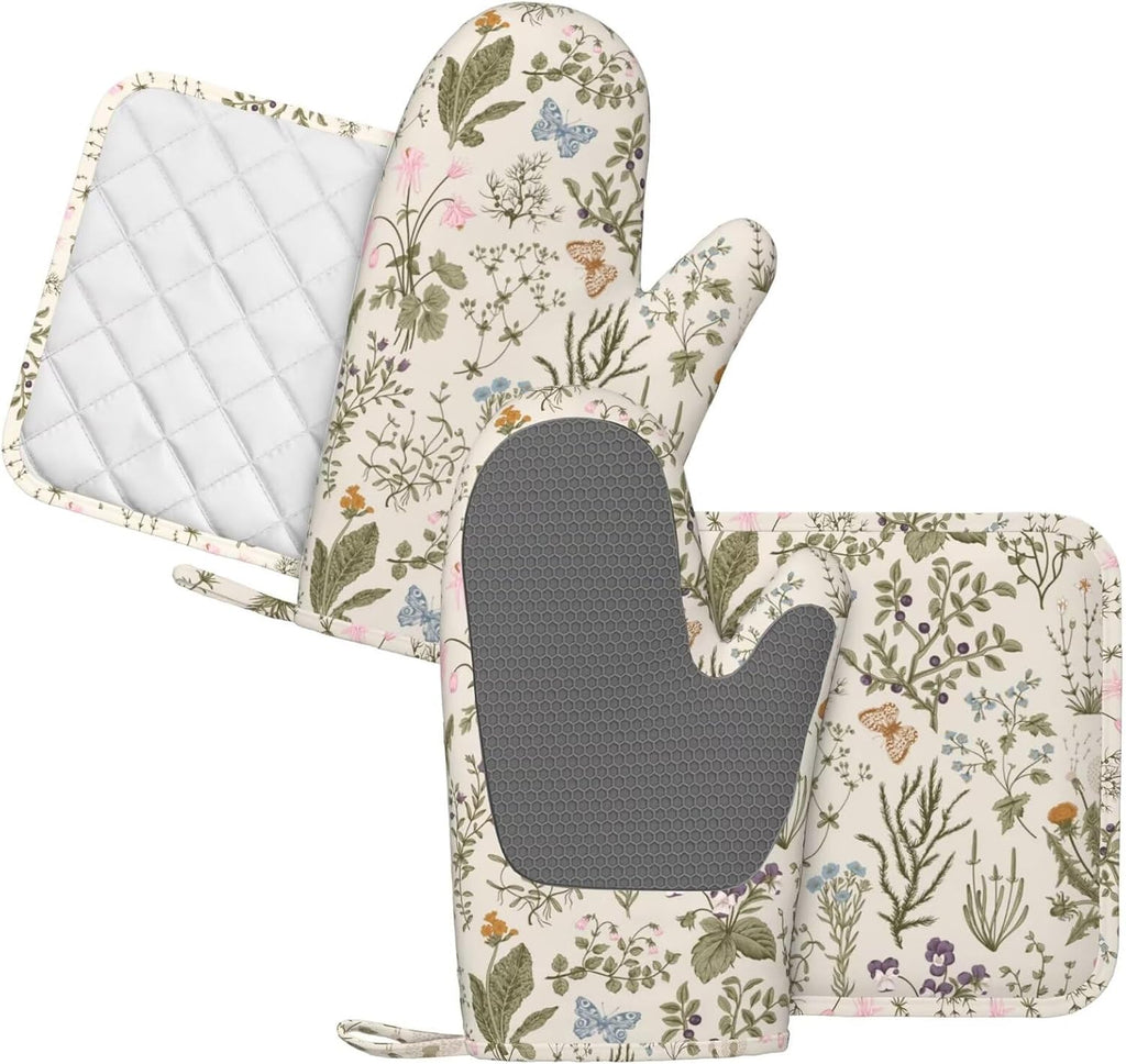 Vintage Wildflower Herbs Floral Rustic Butterfly Oven Mitts and Pot Holders Sets Silicone Kitchen Mitts Potholders