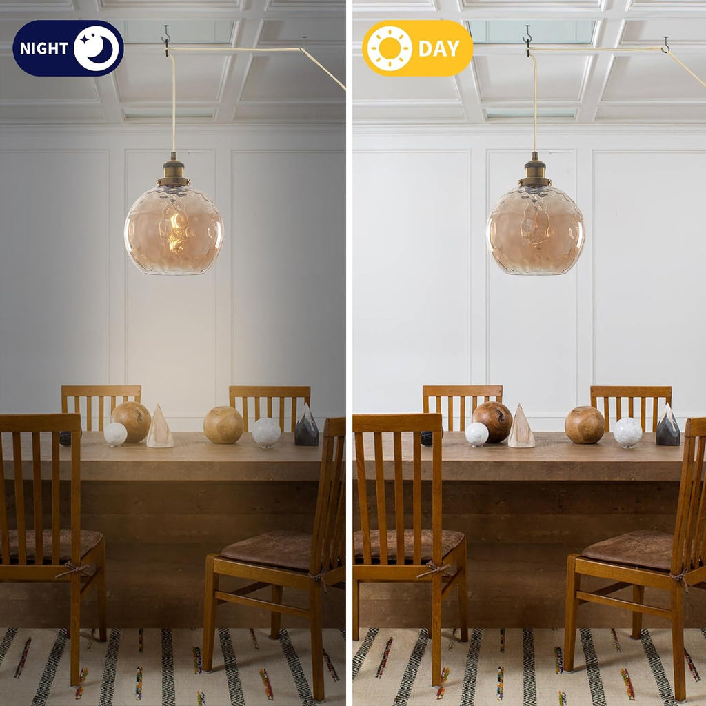 Plug in Pendant Light, Amber Brown Glass Chandelier Hanging Light Fixture for Dining Room
