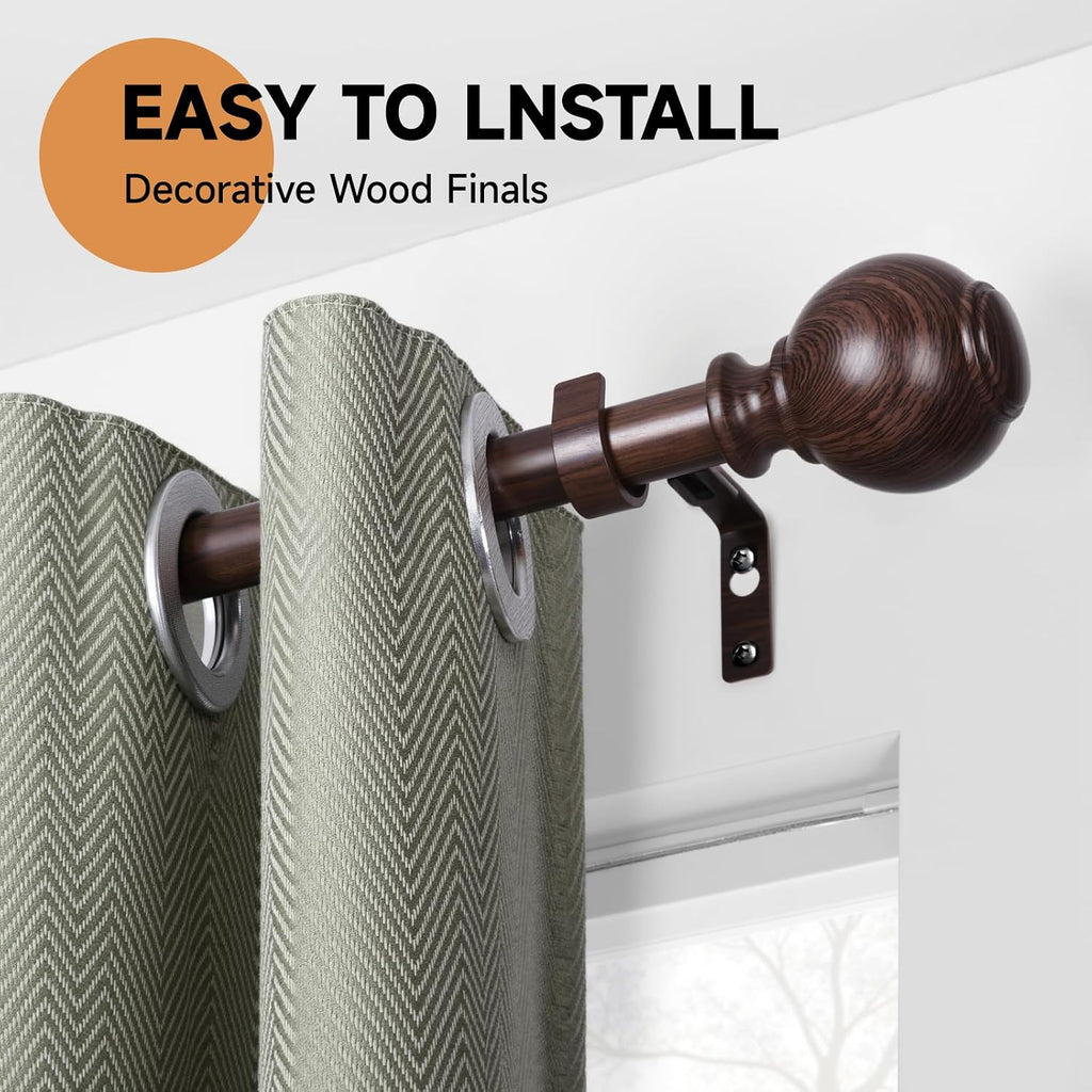 Wood Curtain Rods for Windows 28 to 48 Inches,1 inch Heavy Duty Window Curtain Rods with Imitation Wood Grain Finials