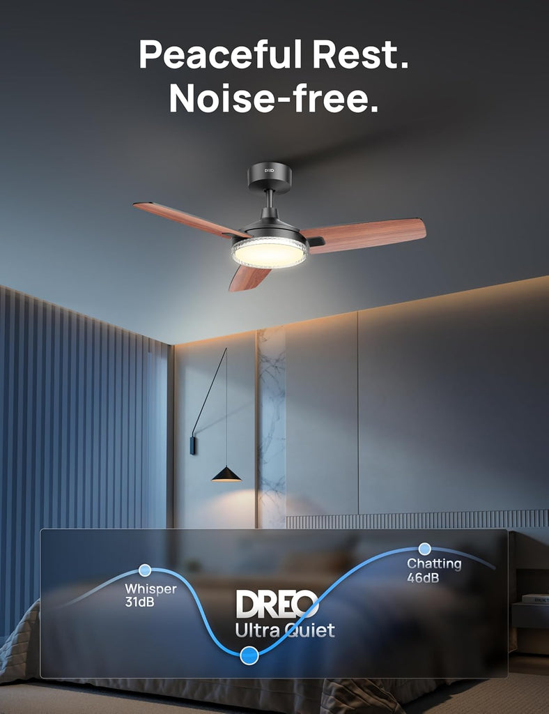 Smart Ceiling Fans with Lights, 42 Inch Black Ceiling Fan, 12 Speeds & 3 Fan Modes, Stepless Color Tones