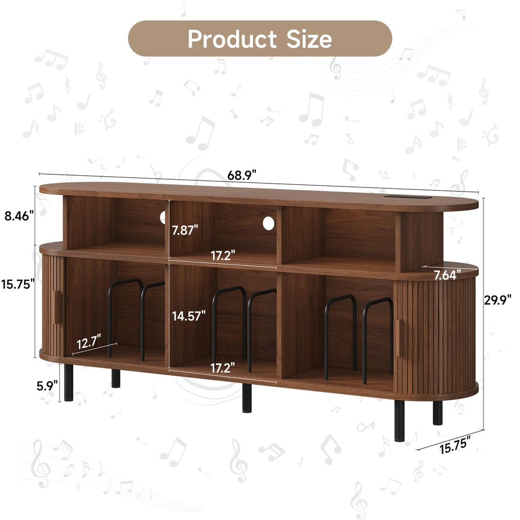 69" Large Round Record Player Stand with Charging Station, Walnut