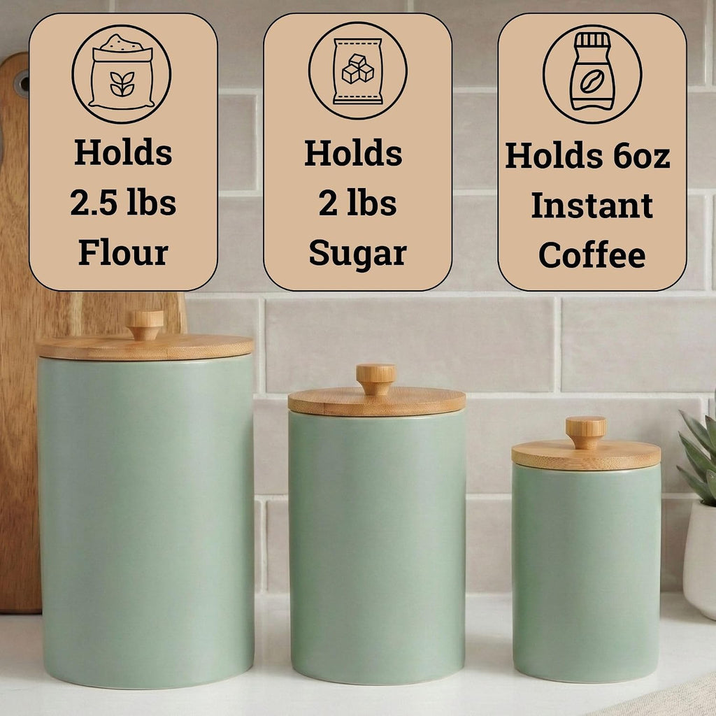 Ceramic Kitchen Canisters for Countertop w/ Airtight Bamboo Lids - Set of 3