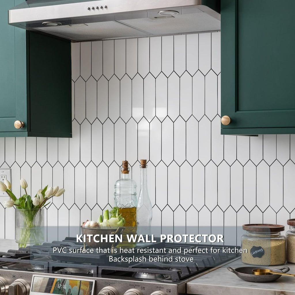 Glossy White Backsplash Tile Peel and Stick, 12.8 x 12.8 Inch 10 Sheets Long Hexagon PVC Self Adhesive Mosaic Wall