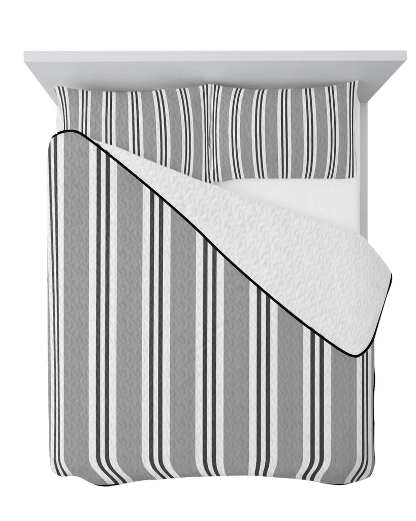 Gray Black and White Stripe Pattern Quilt Set 3 Pieces Quilted Bedspread- Soft, Neutral Ticking Stripe