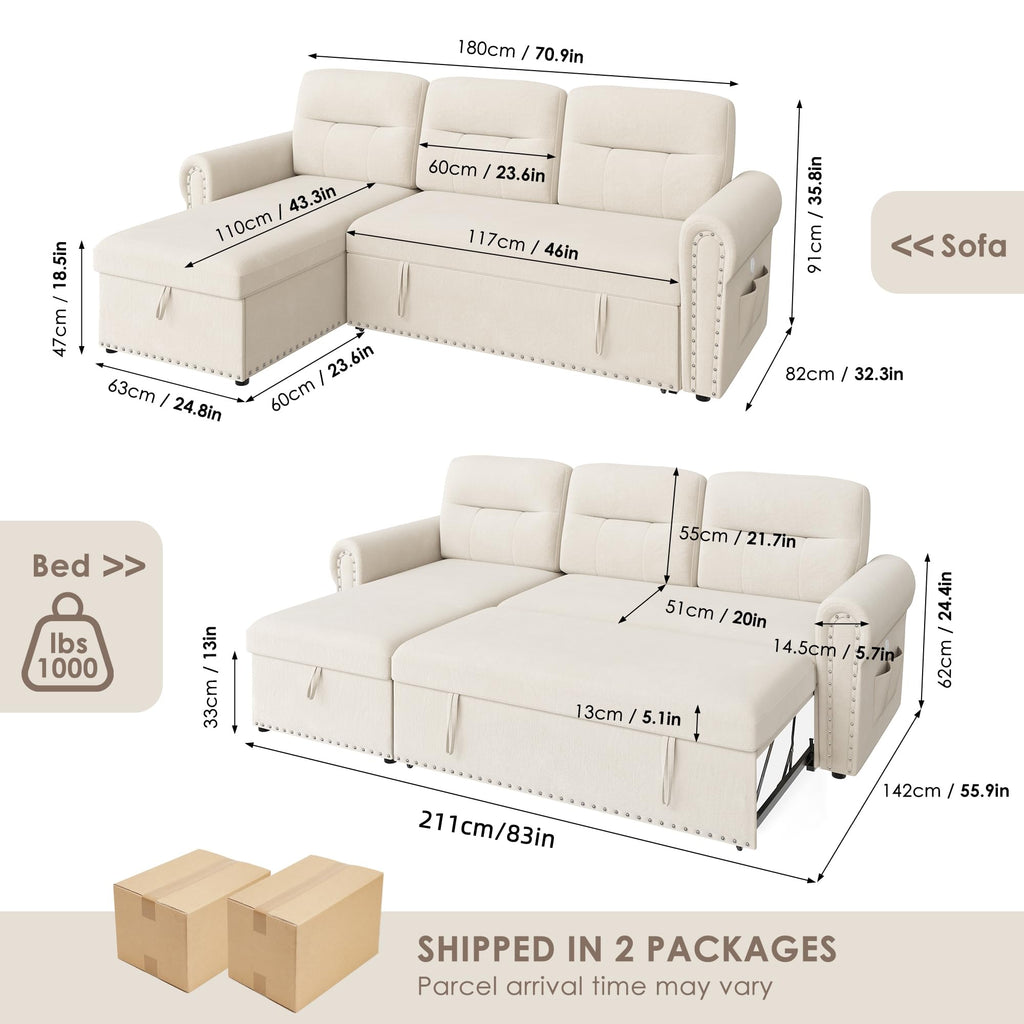 Sleeper Sofa Bed, 83'' Pull Out Couch Bed with Reversible Storage Chaise & Nailhead Armrest, Sectional Couches, Side