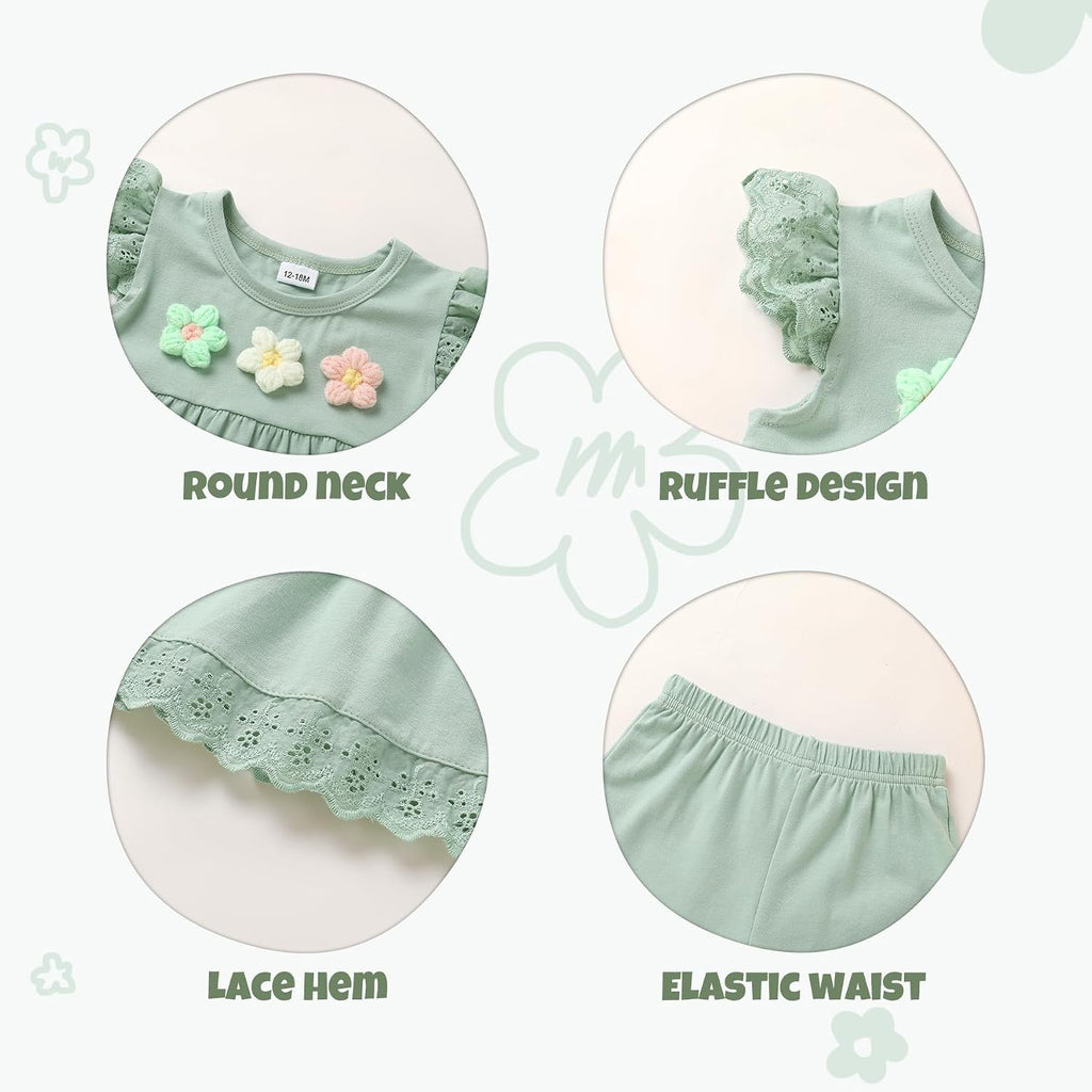 Toddler Girl Summer Clothes Flower Top & Shorts Cotton Blend Eyelet Trim Sets 2Pcs outfit