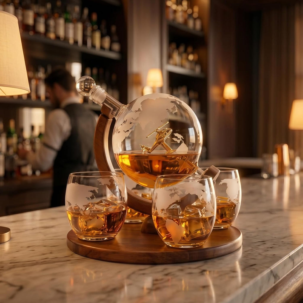 Helicopter Whiskey Decanter Set - For pilots & aviation fans. Unique globe decanter with military helicopter design.