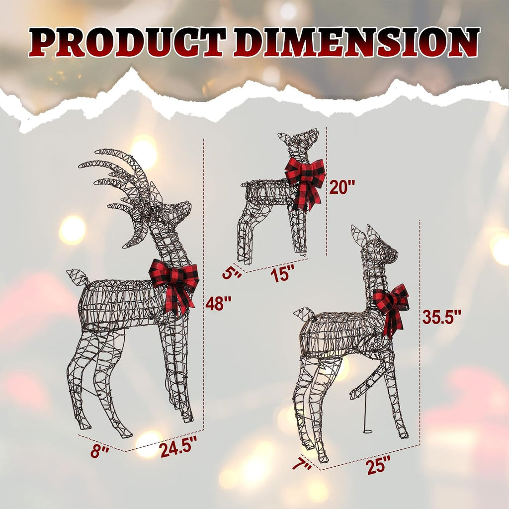 3 Piece 2D Lighted Christmas Deer Family Set,LED Lights,Stakes,Zip Ties