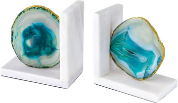 A&B Home Polished Green Agate Crystal & Marble Bookends, Stone Pair Book Ends for Heavy Books, Decorative Accents